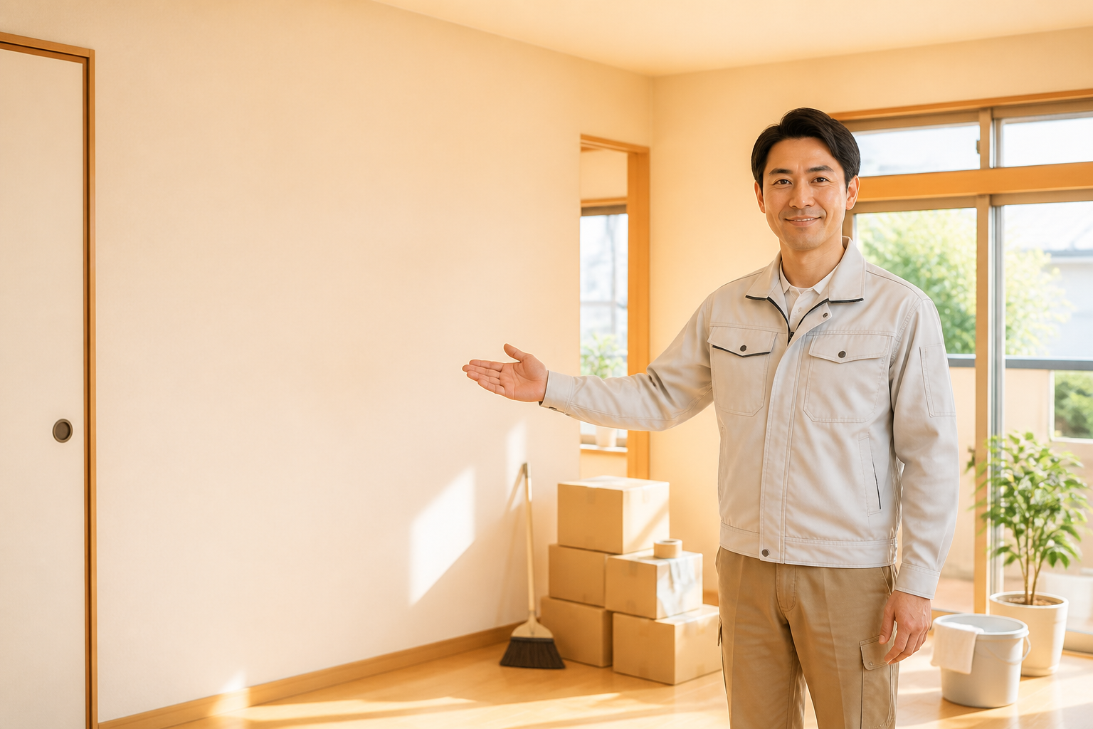 家電を搬出した後の室内で片付け相談を案内するスタッフ