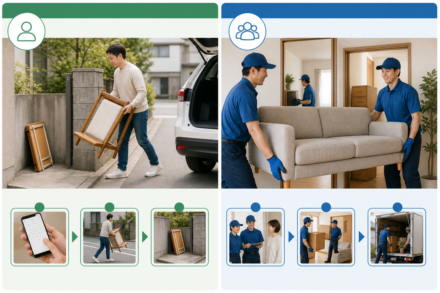 自治体の粗大ごみと専門業者の搬出サービスを比較したイメージ