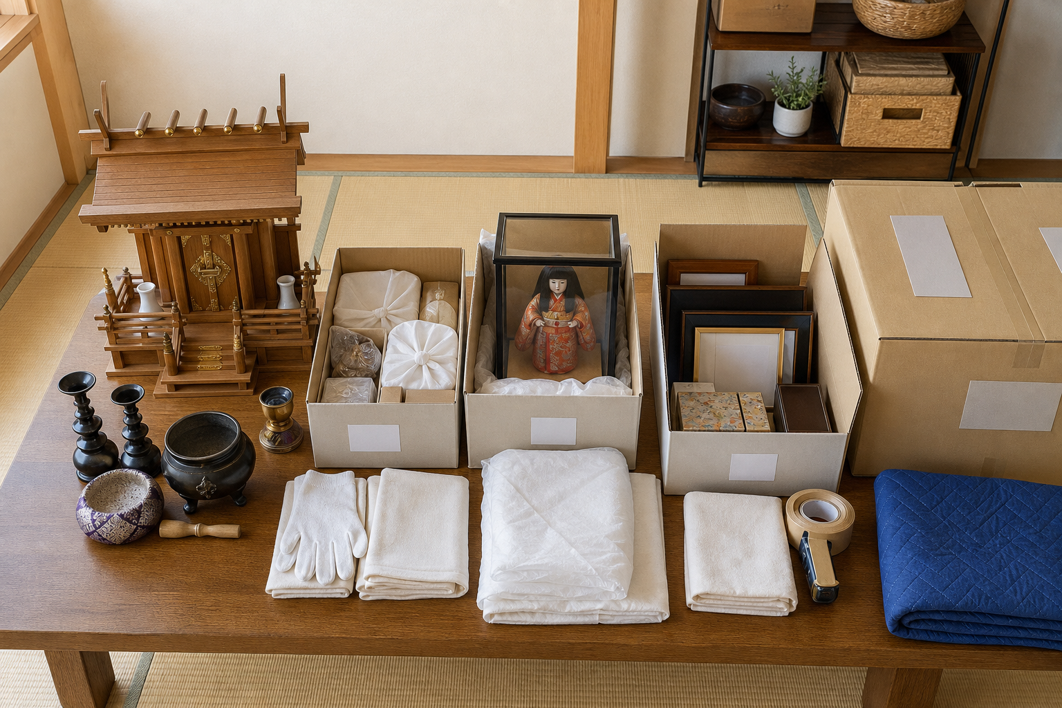神棚・仏具・人形・写真を確認先別に分けて安全に梱包した様子