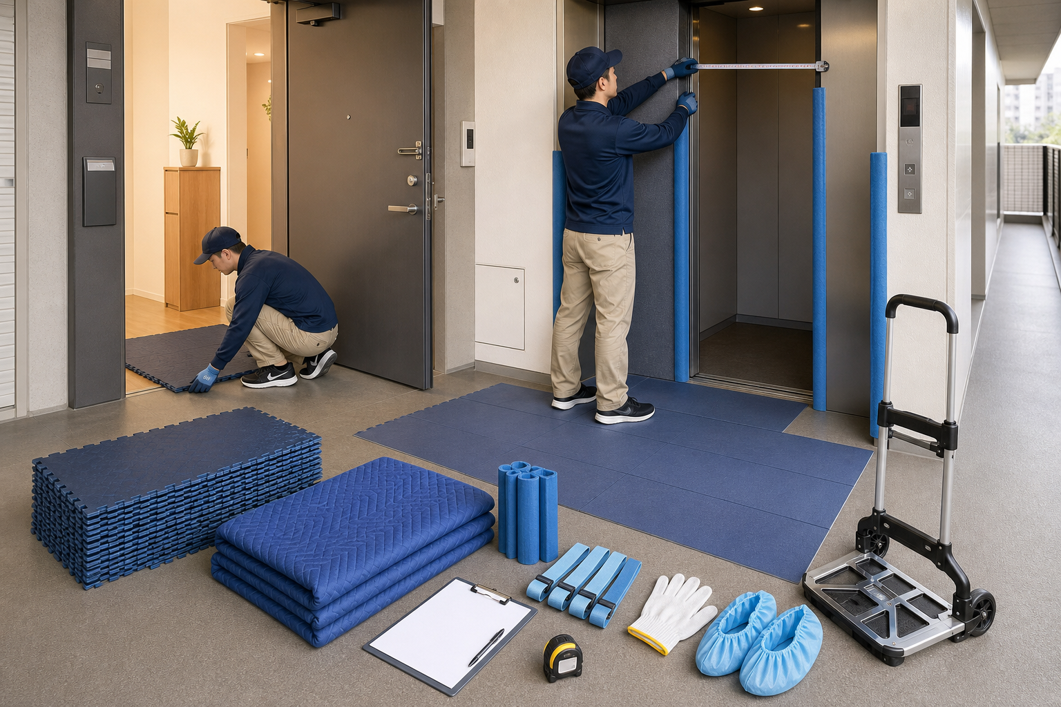 マンションの玄関からエレベーターまで床・壁・扉を養生する準備