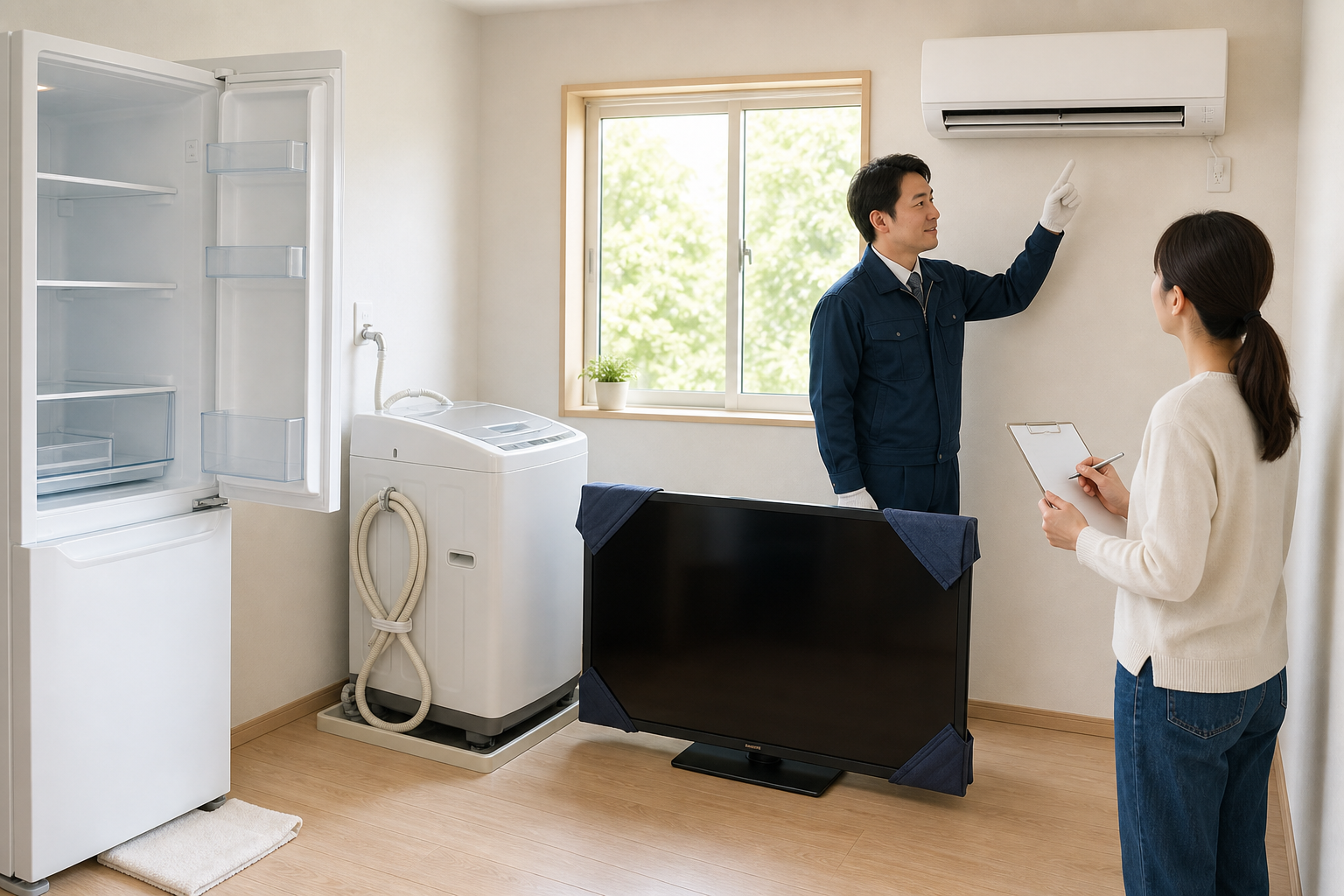 家電4品目を安全に搬出するため冷蔵庫の霜取り、洗濯機の水抜き、テレビの保護、エアコンの専門取り外しを確認する様子