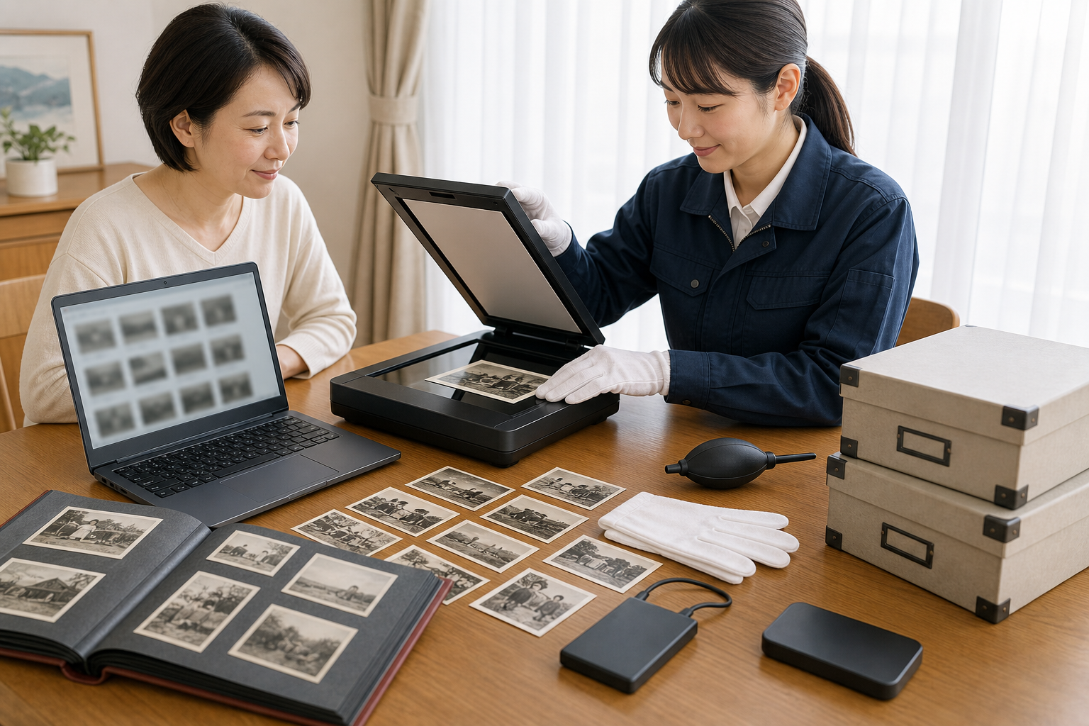 古い家族写真をスキャナーでデータ化し、原本と複数の保存先を整理する様子